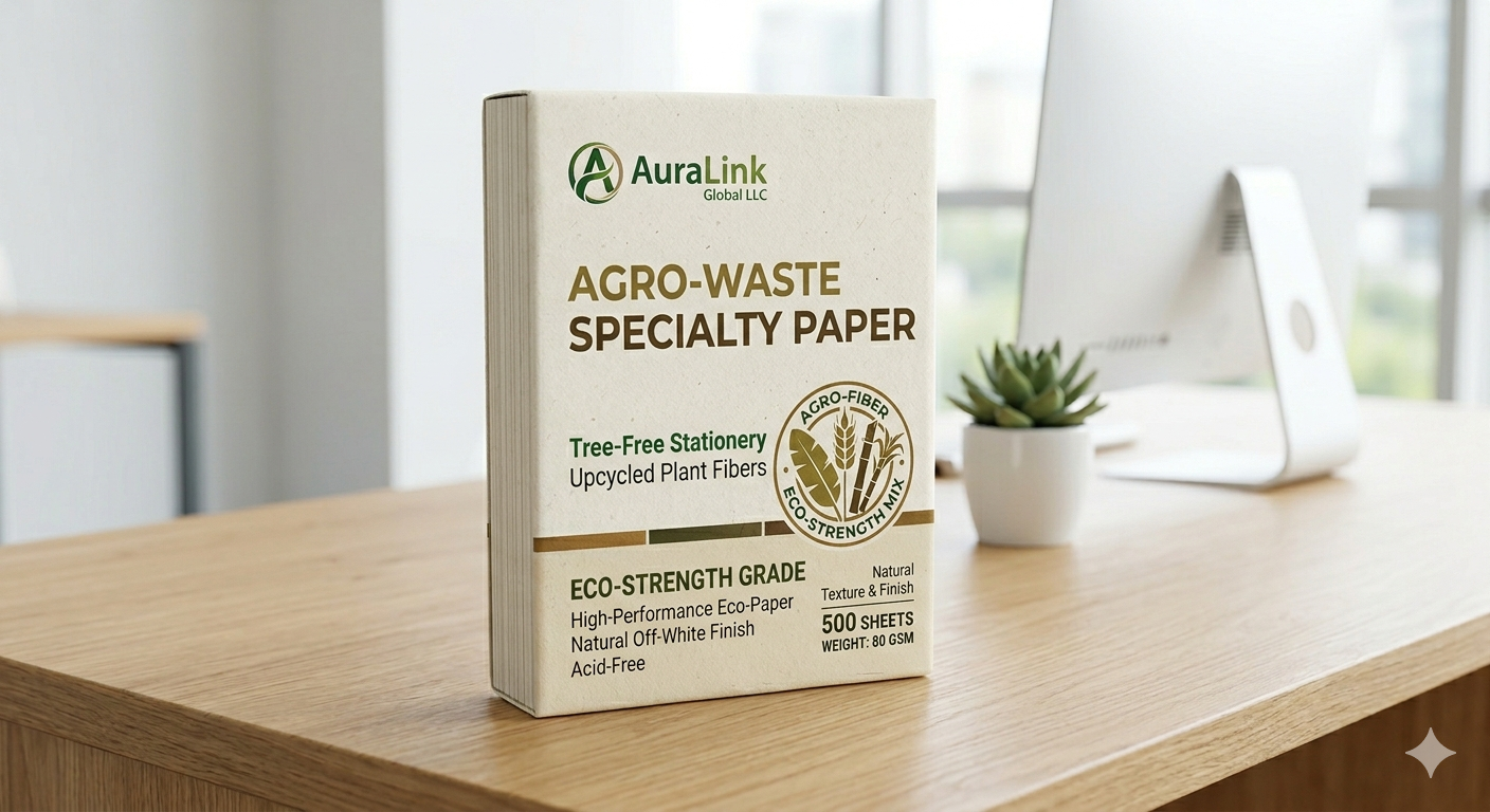 AuraLink Global Agro Waste Specialty Paper High Performance Tree Free Stationery made from Upcycled Agricultural Plant Fibers with a Natural Off White Finish.