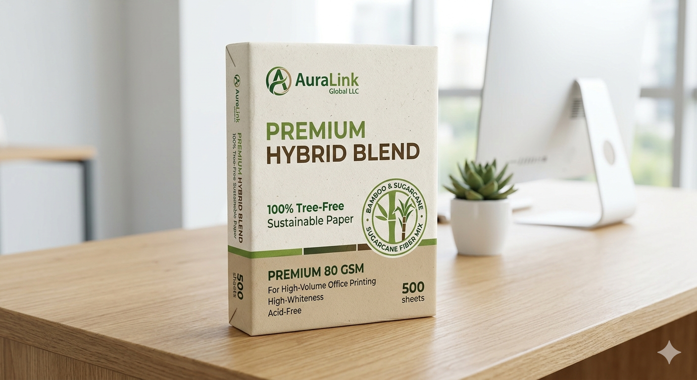 AuraLink Global Premium Hybrid Blend Copy Paper 100% Tree Free Sustainable Stationery made from a blend of Bamboo and Sugarcane Fibers.